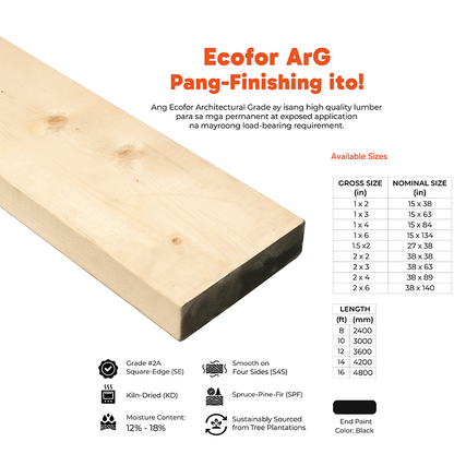 Matimco Ecofor Lumber S4S Smooth Side / Kiln Dried 2 inches variant 8 feet (Makinis) Durable